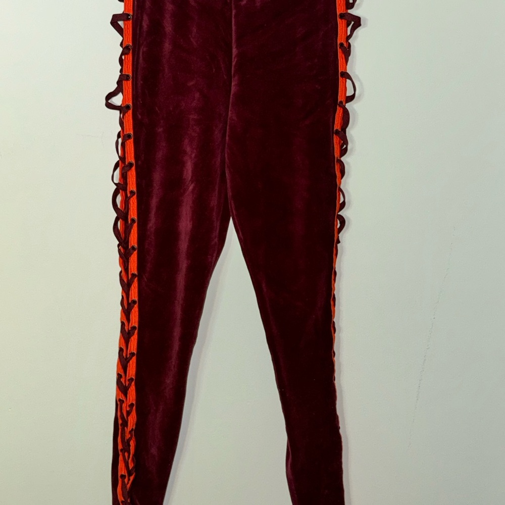 Fenty Velvet Burgundy Pants with Orange Lace-Up Sides